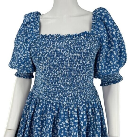 Hyacinth House NEW Blue Micro Floral Smocked Short Sleeve Mini Dress Size XL - Picture 3 of 6